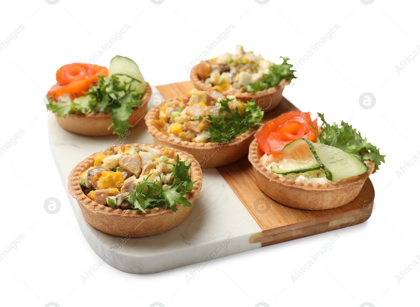 Photo of Tartlets with delicious fillings isolated on white