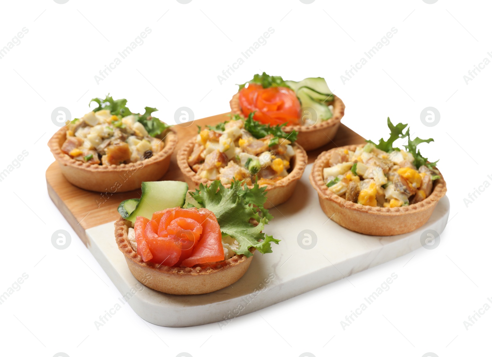 Photo of Tartlets with delicious fillings isolated on white