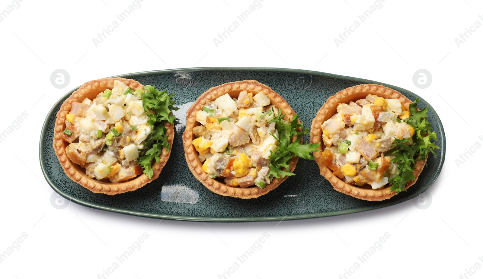 Photo of Tartlets with delicious filling isolated on white, top view