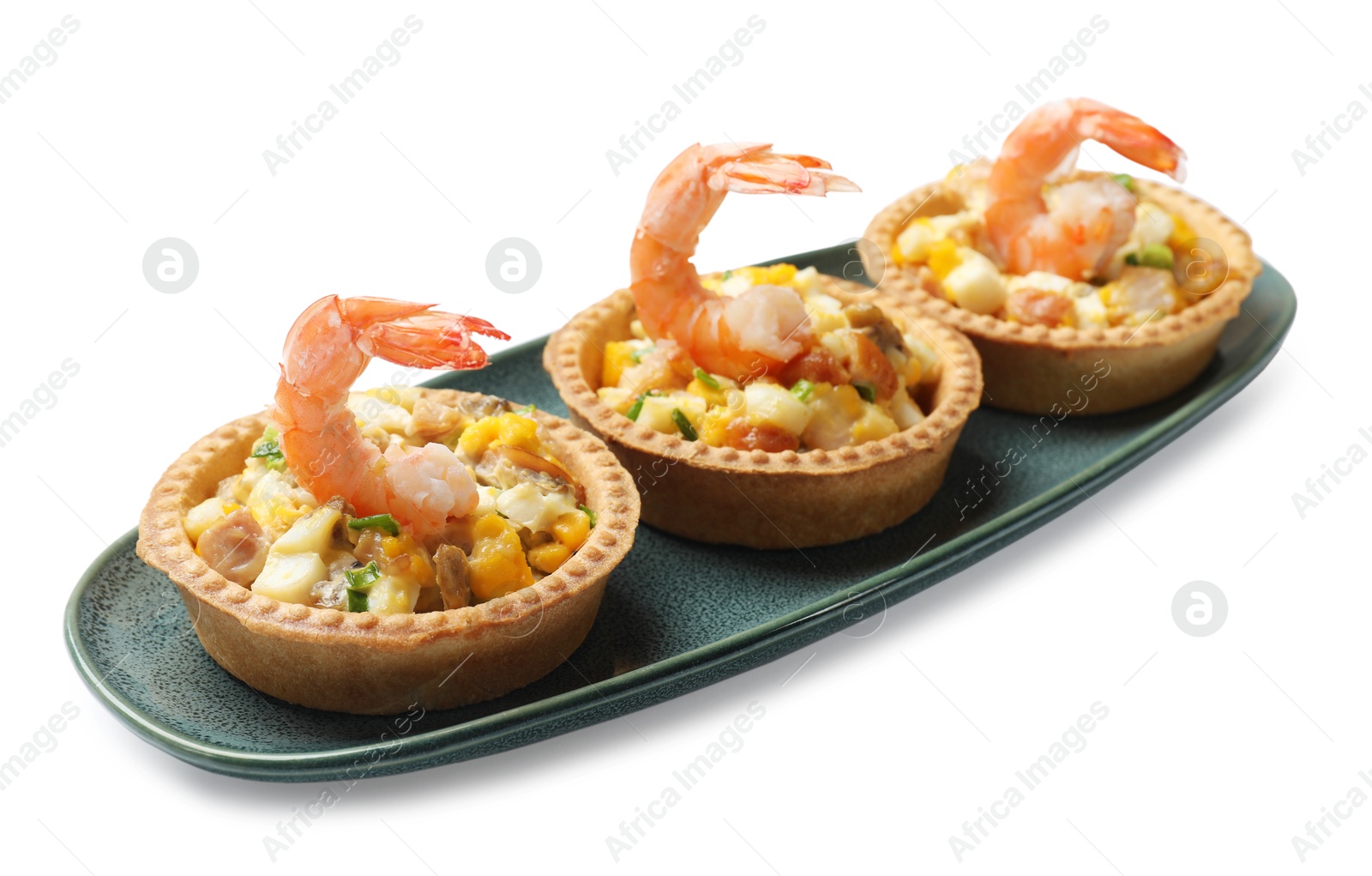 Photo of Tartlets with delicious filling isolated on white