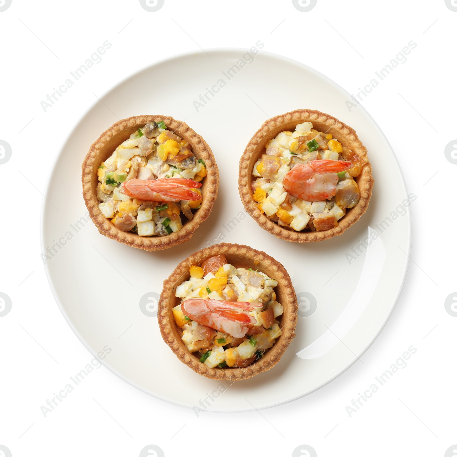 Photo of Tartlets with delicious filling isolated on white, top view