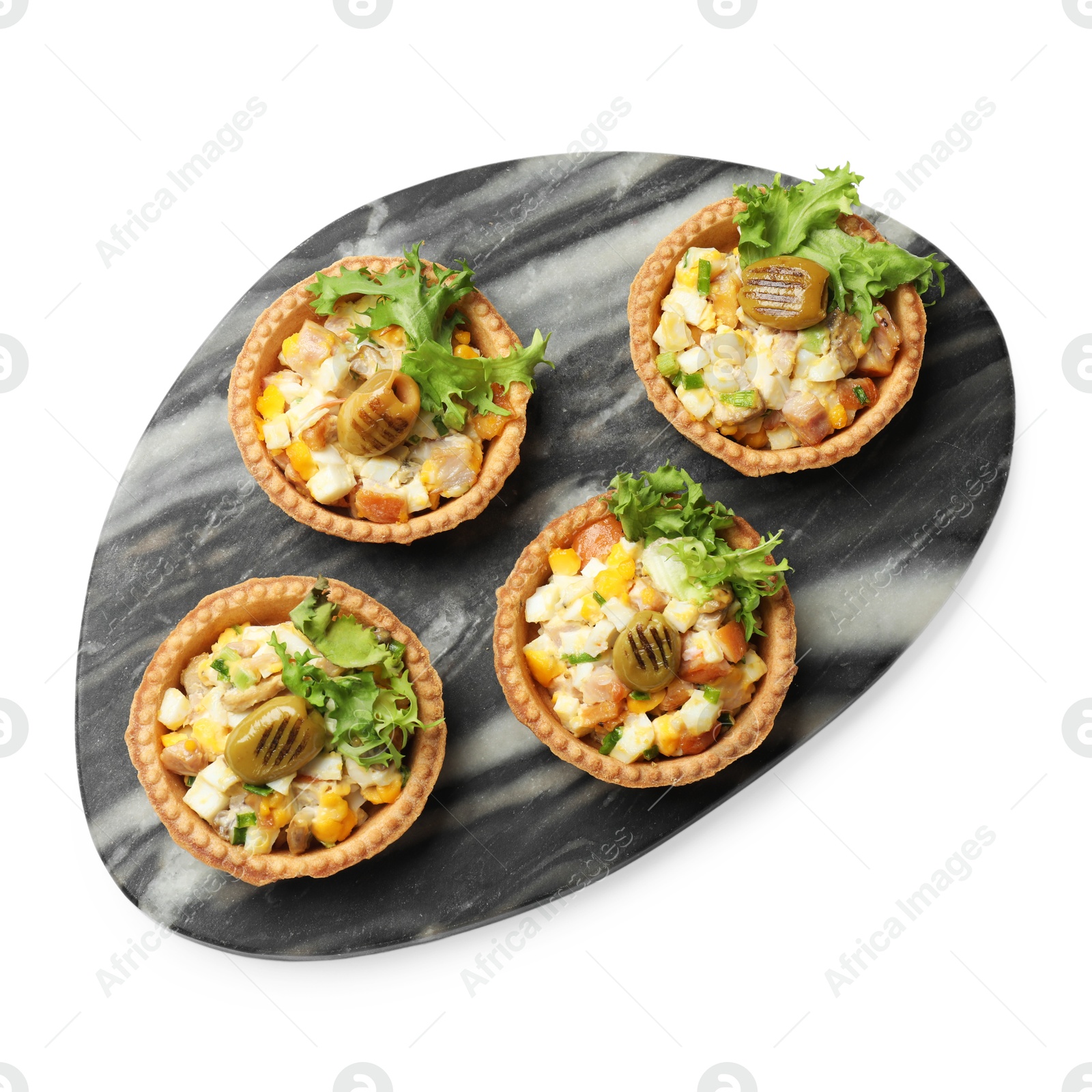 Photo of Tartlets with delicious filling isolated on white, top view