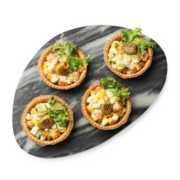 Photo of Tartlets with delicious filling isolated on white, top view