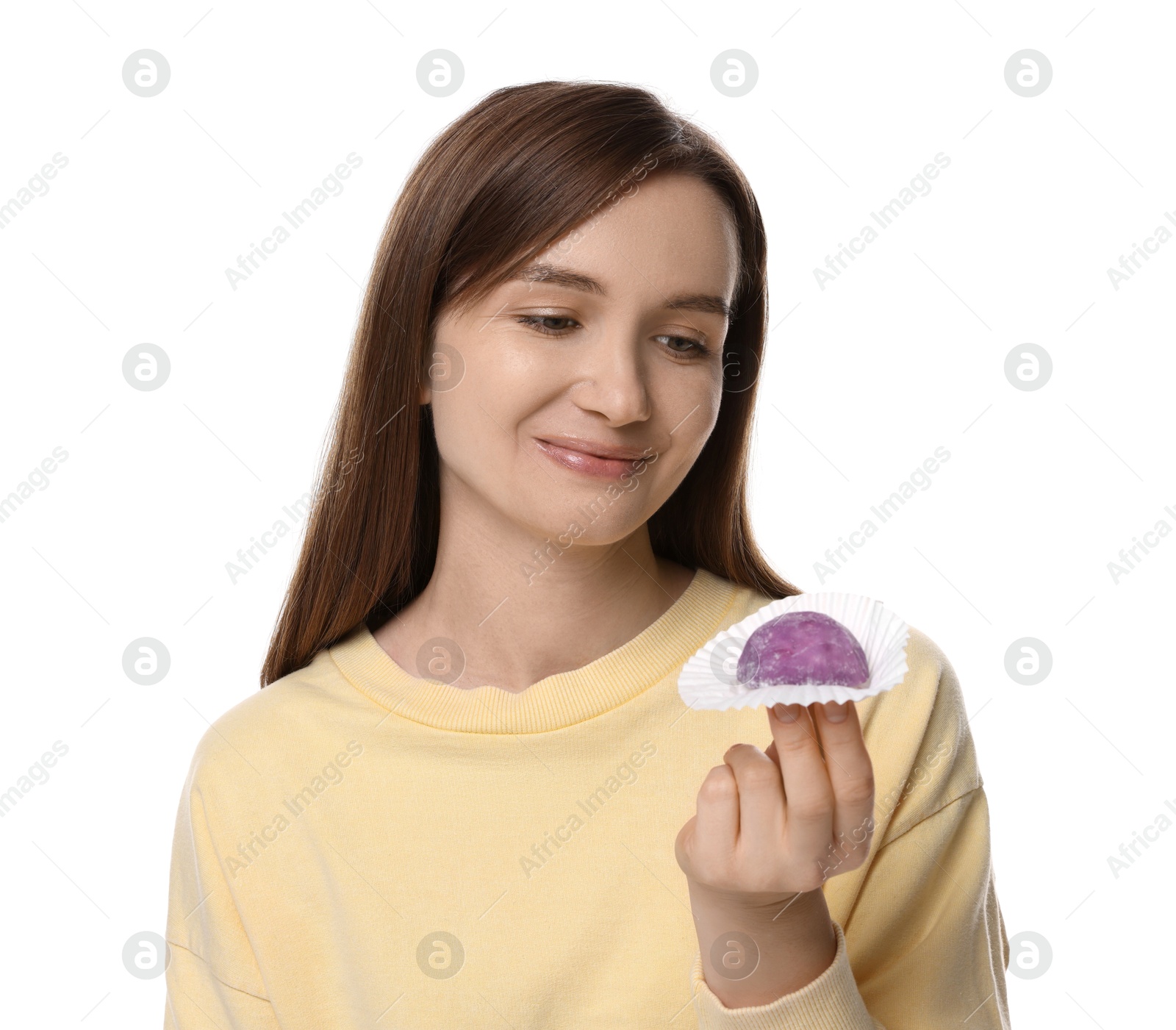 Photo of Woman with tasty mochi on white background