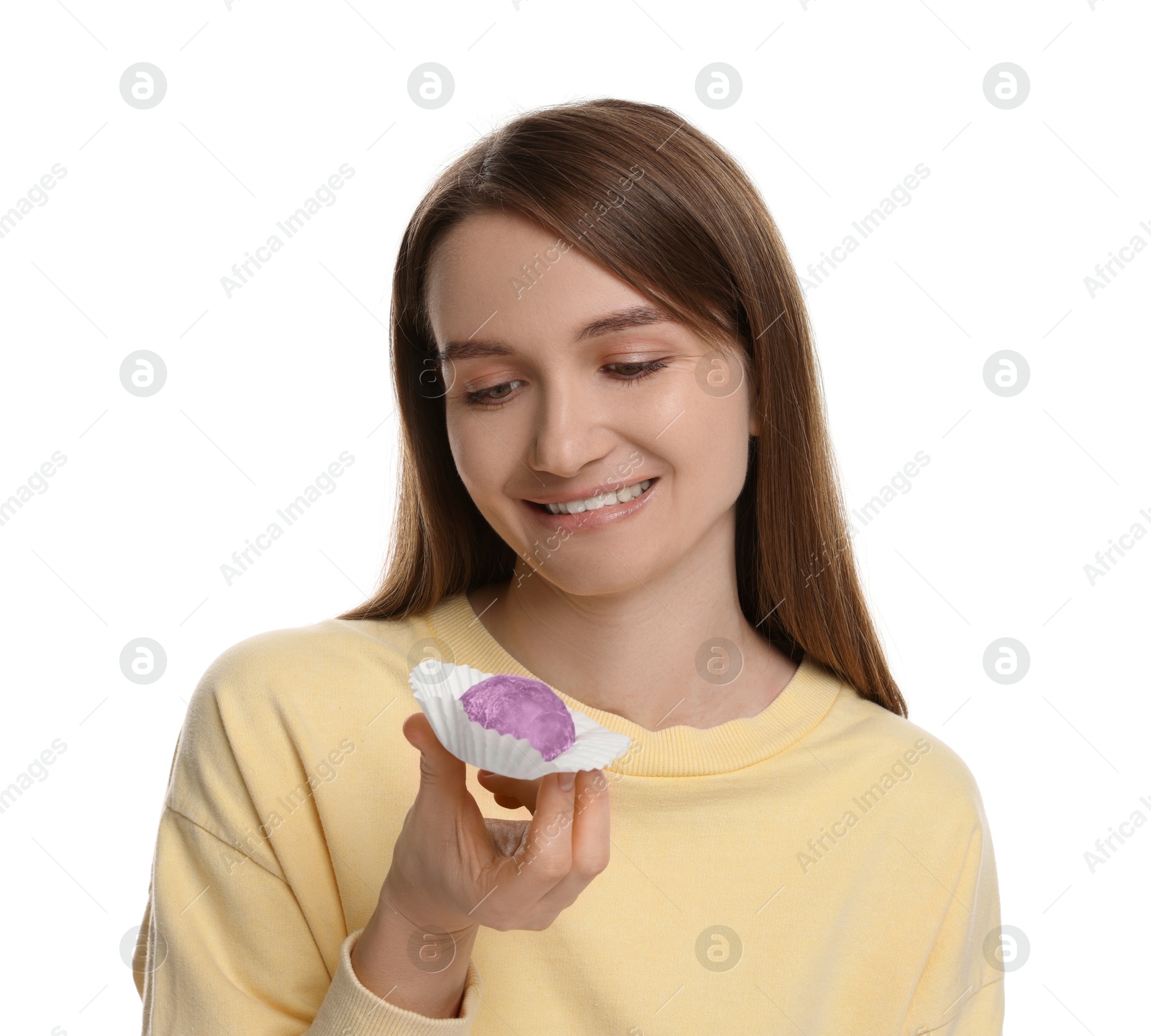 Photo of Woman with tasty mochi on white background