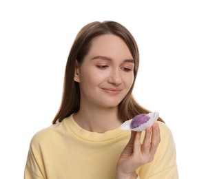 Photo of Woman with tasty mochi on white background