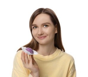 Photo of Woman with tasty mochi on white background