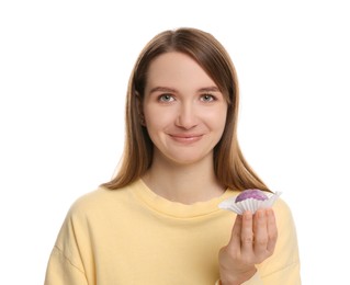 Photo of Woman with tasty mochi on white background