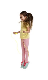 Cute little girl with jump rope on white background