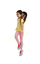 Cute little girl with jump rope on white background