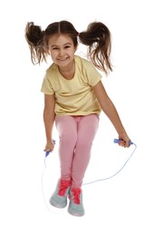 Photo of Cute little girl with jump rope on white background