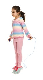 Cute little girl with jump rope on white background