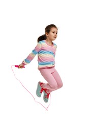 Cute little girl with jump rope on white background