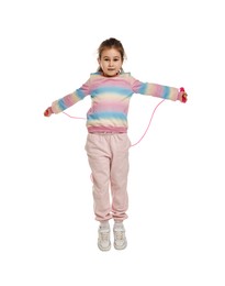 Photo of Cute little girl with jump rope on white background