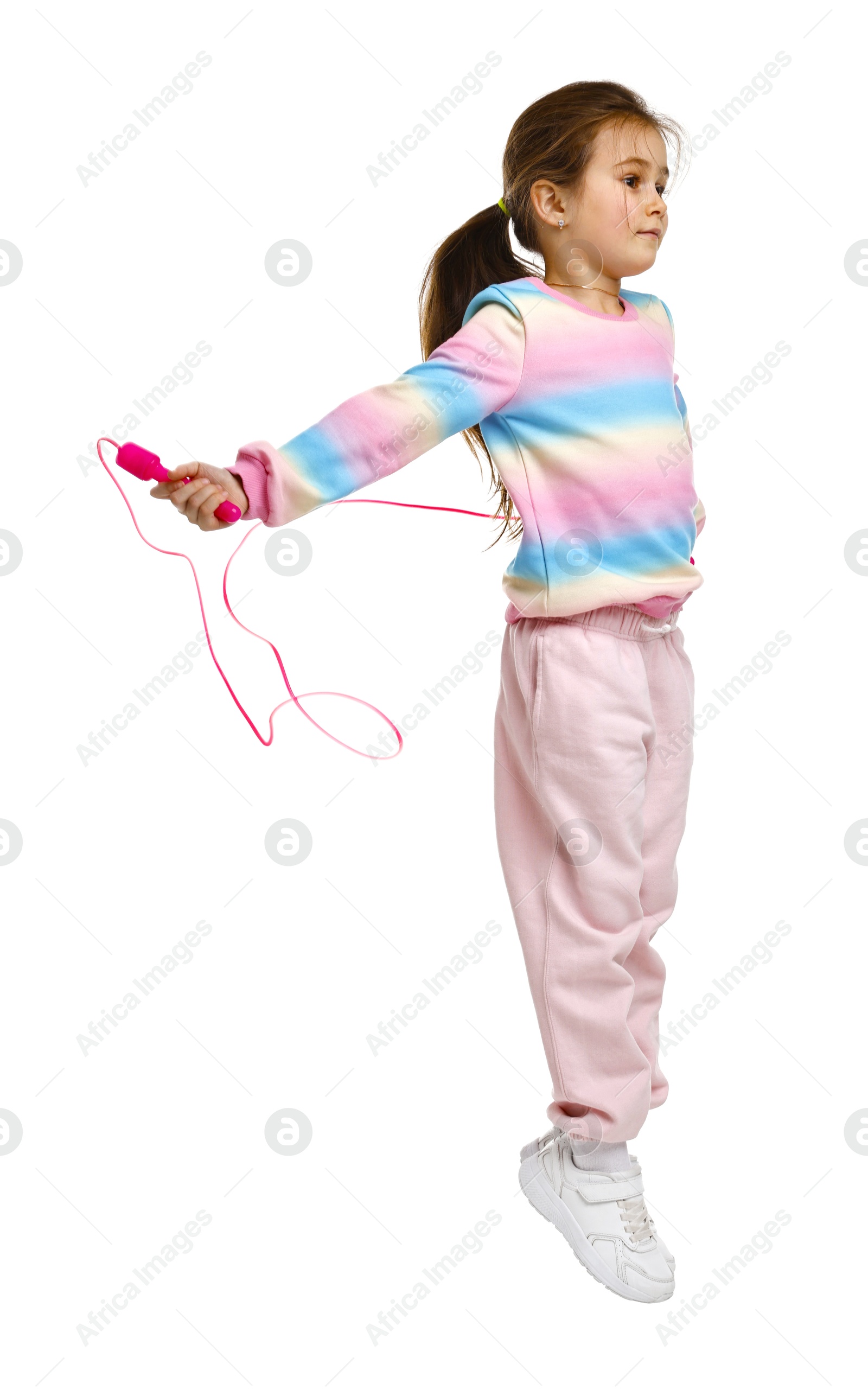 Photo of Cute little girl with jump rope on white background