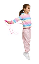 Photo of Cute little girl with jump rope on white background