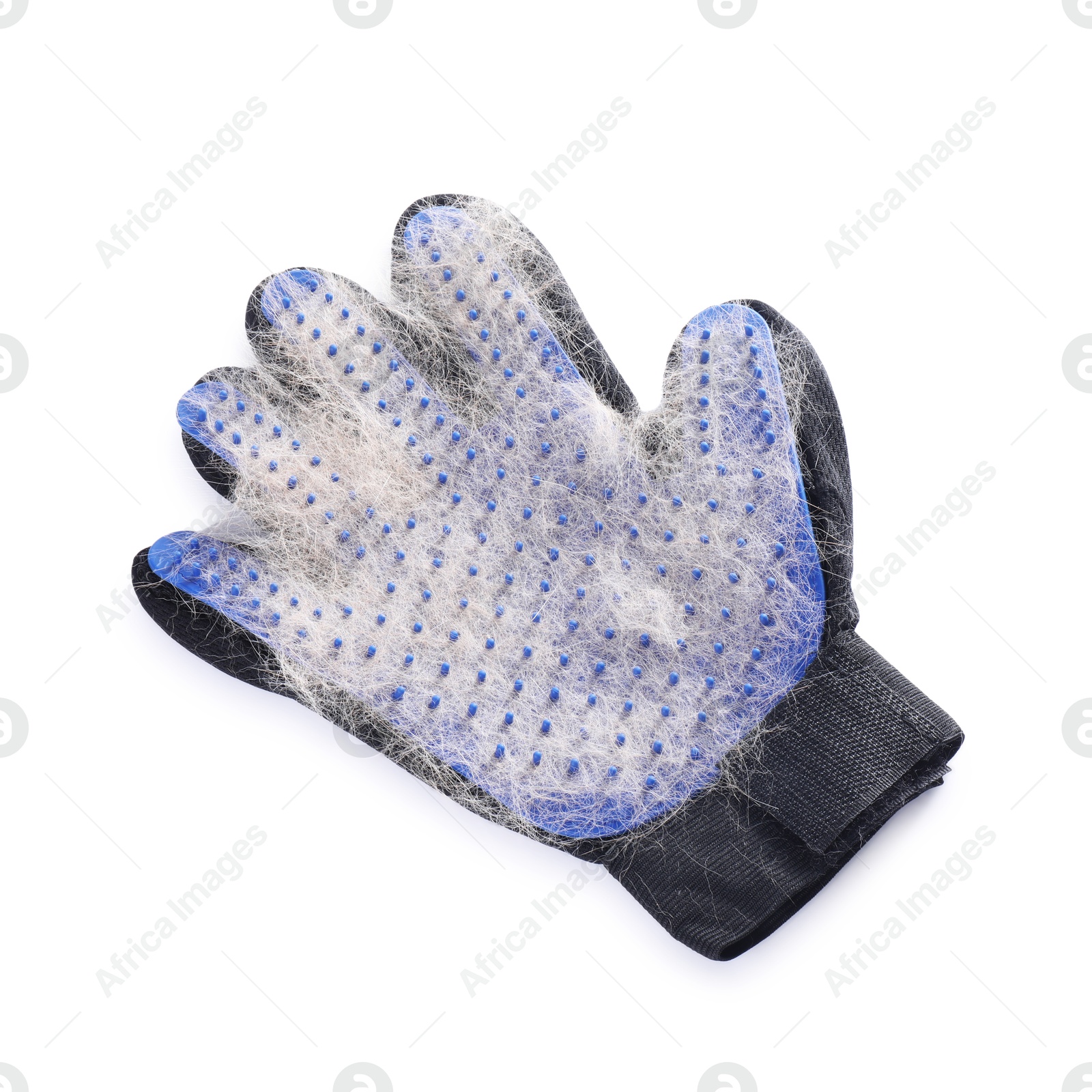 Photo of Grooming glove with pet's hair isolated on white, top view