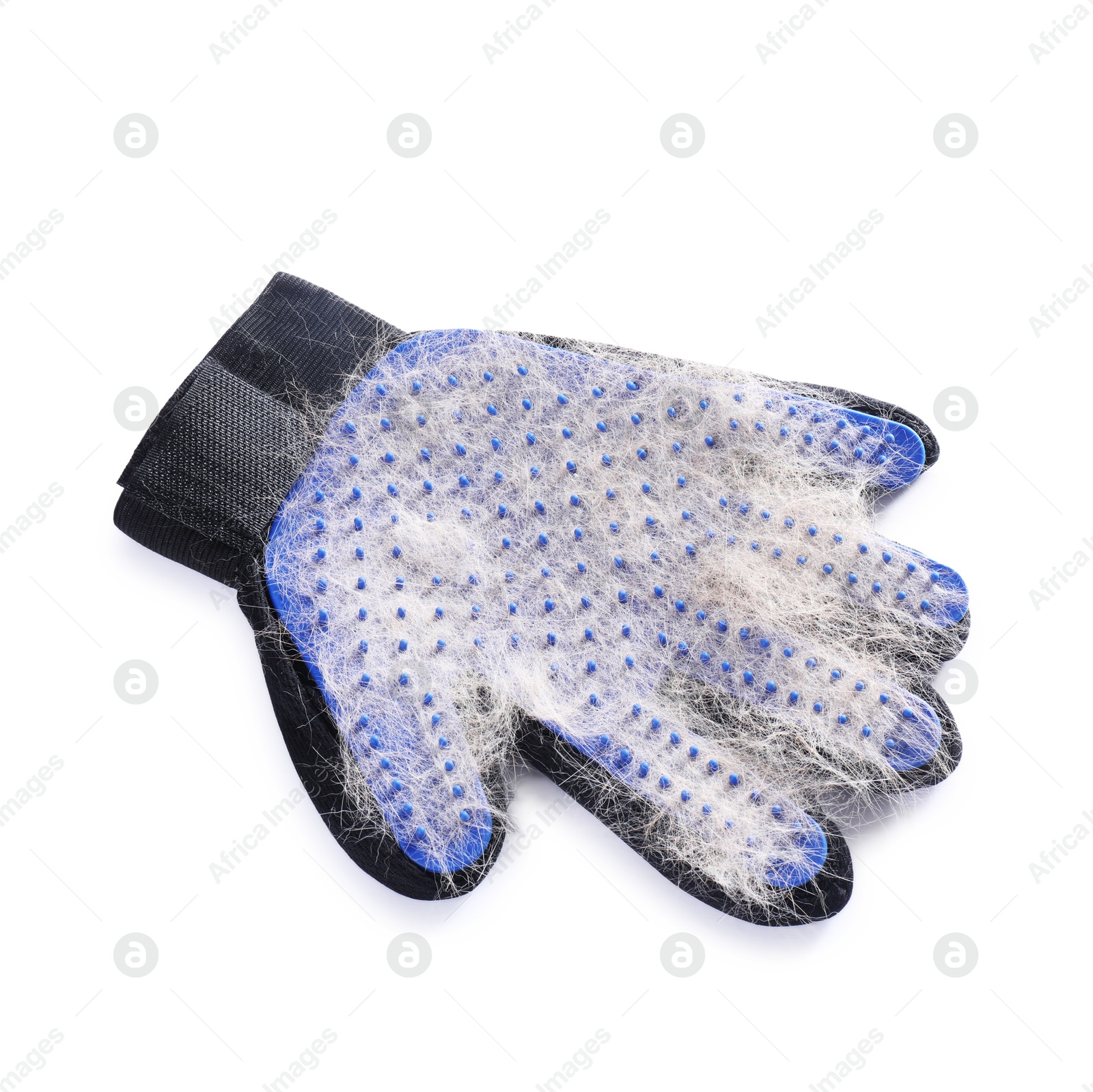 Photo of Grooming glove with pet's hair isolated on white, top view