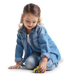 Photo of Little girl playing with toy car on white background