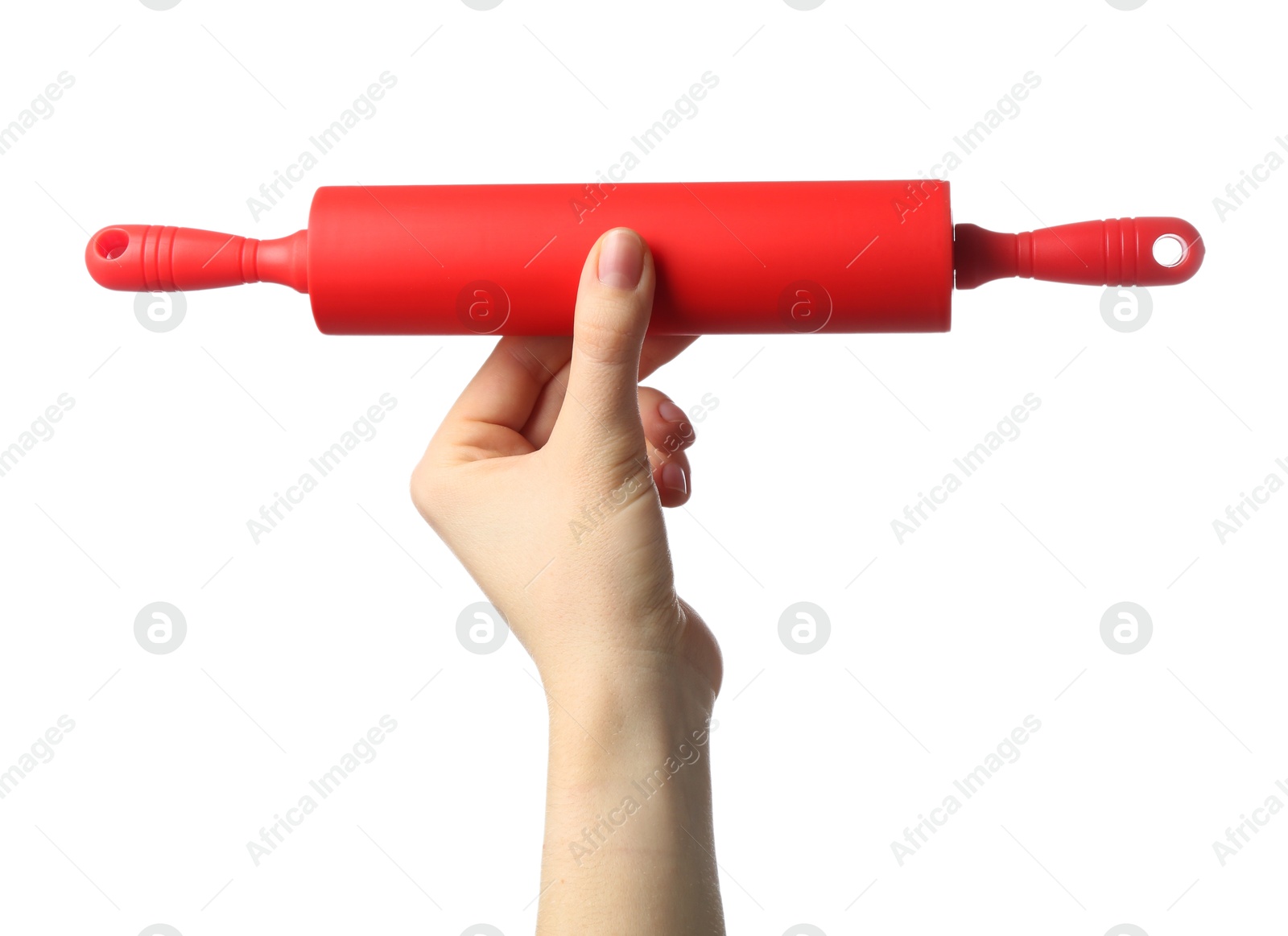 Photo of Woman with rolling pin on white background, closeup