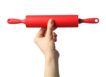 Photo of Woman with rolling pin on white background, closeup