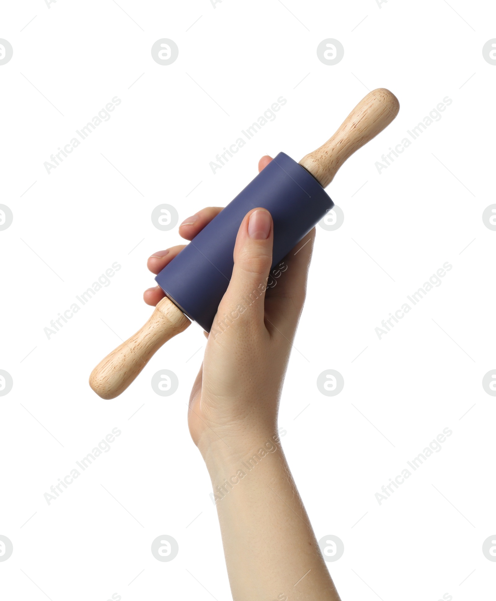 Photo of Woman with rolling pin on white background, closeup