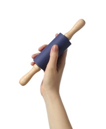 Photo of Woman with rolling pin on white background, closeup