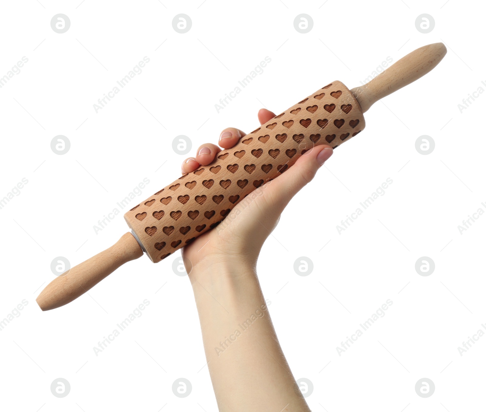 Photo of Woman with rolling pin on white background, closeup