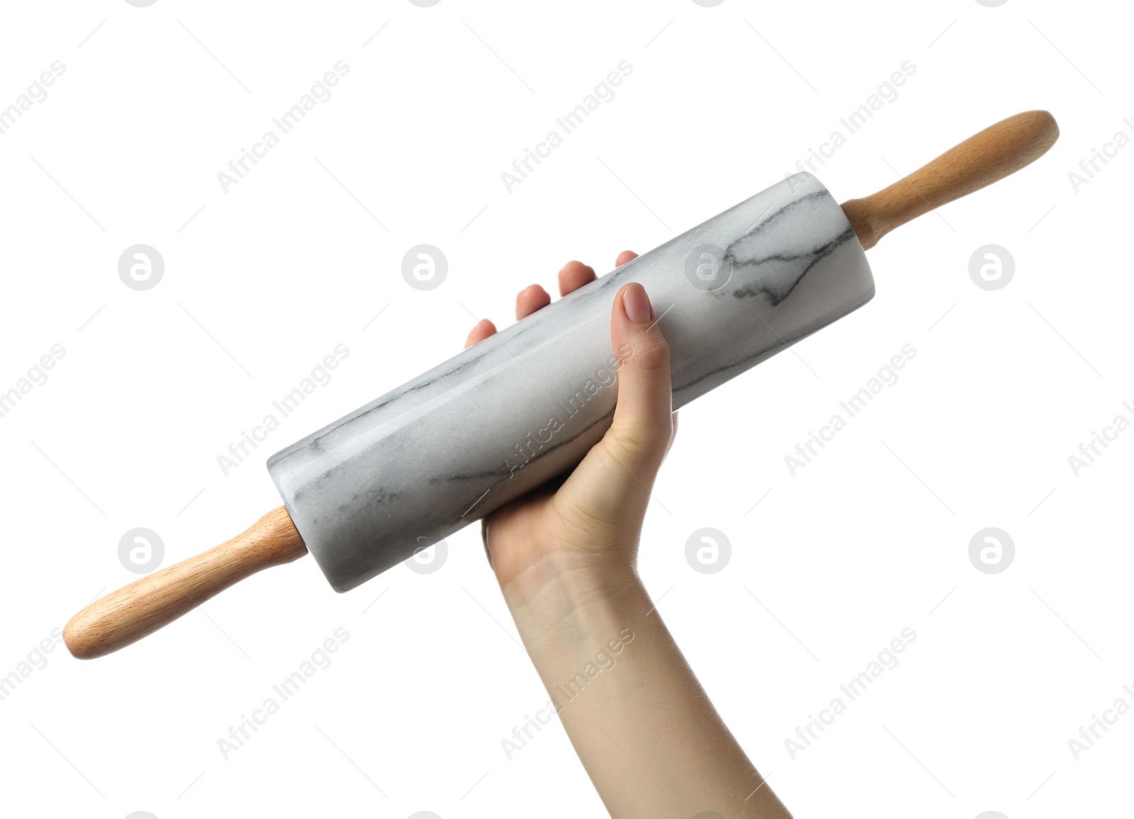 Photo of Woman with rolling pin on white background, closeup