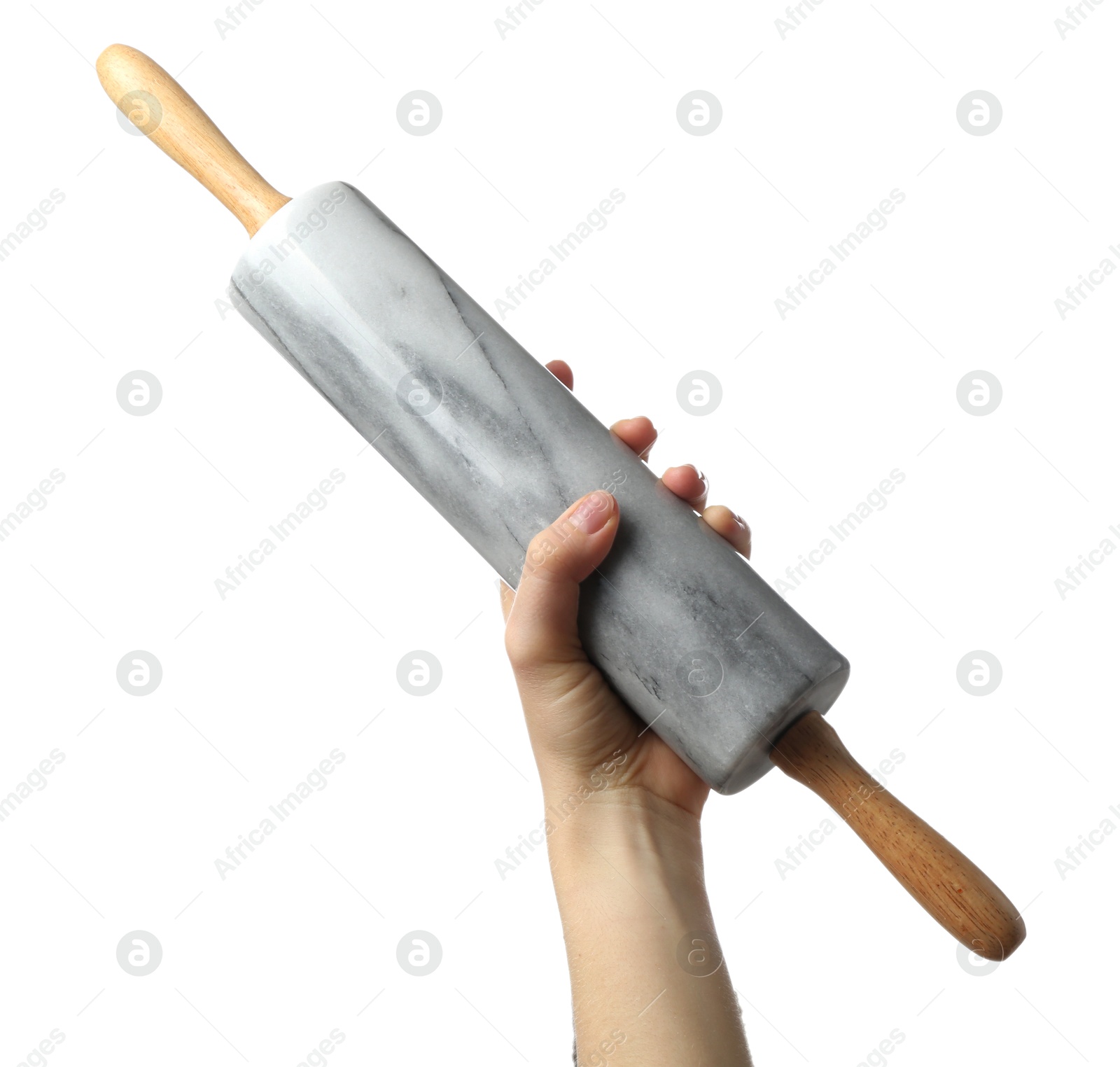 Photo of Woman with rolling pin on white background, closeup