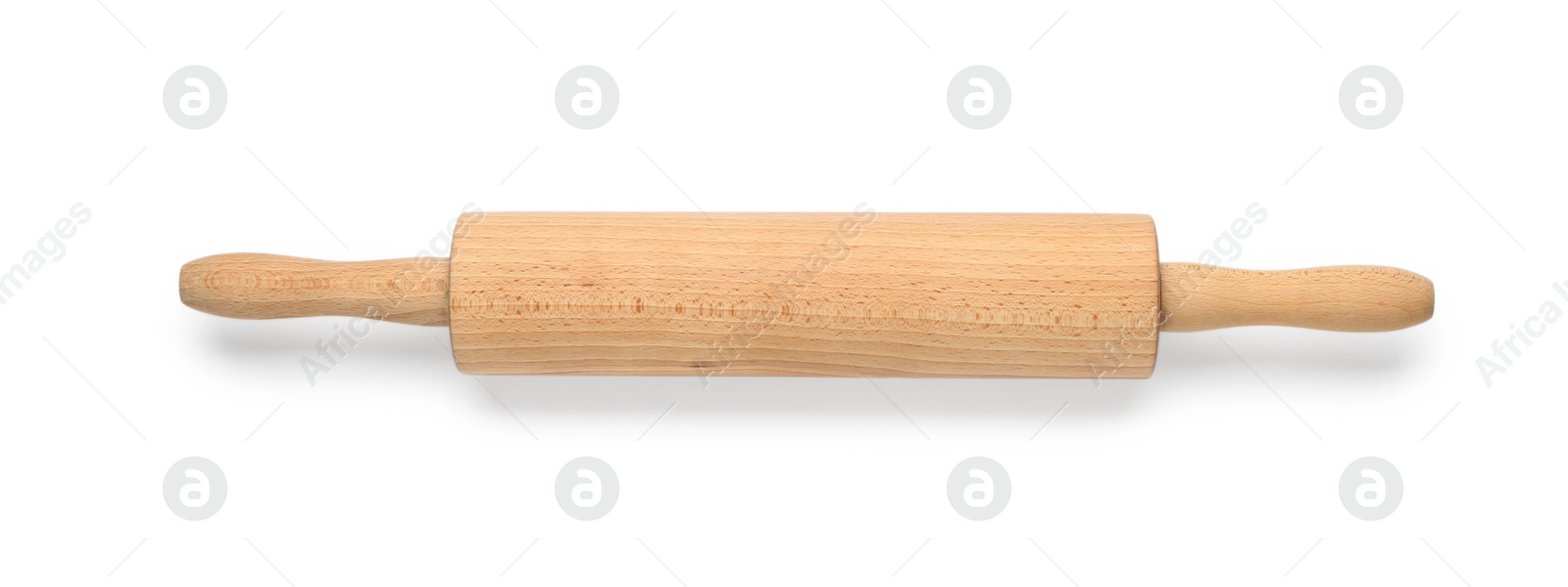 Photo of Wooden rolling pin isolated on white, top view