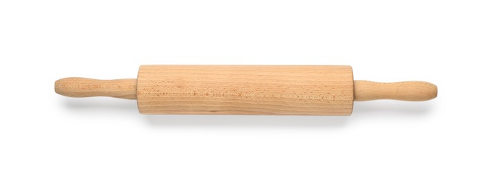 Photo of Wooden rolling pin isolated on white, top view