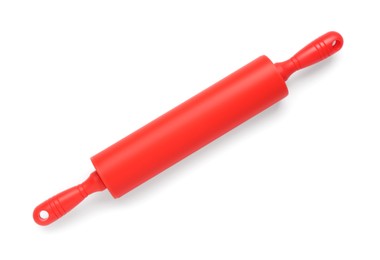 Photo of Red rolling pin isolated on white, top view