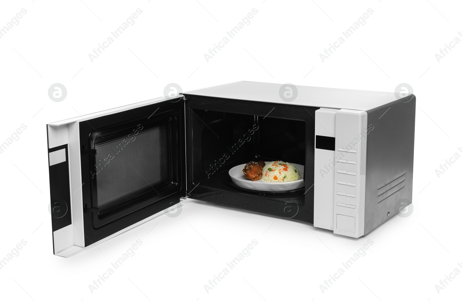 Photo of Open microwave oven with cooked rice and chicken isolated on white