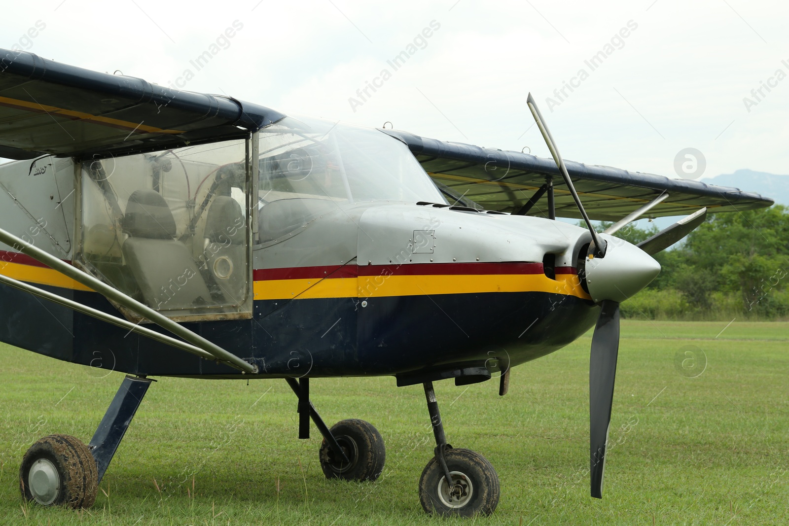 Photo of View of beautiful modern airplane on autumn day outdoors, closeup