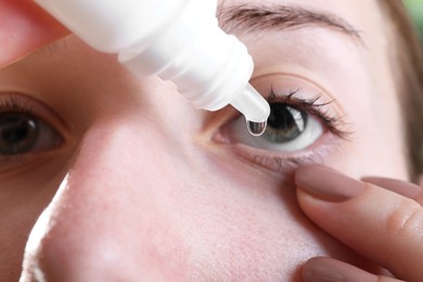 Photo of Allergy treatment. Woman dripping medical drops into eyes, closeup