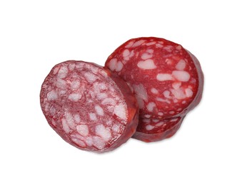 Pieces of delicious dry cured sausage isolated on white, top view