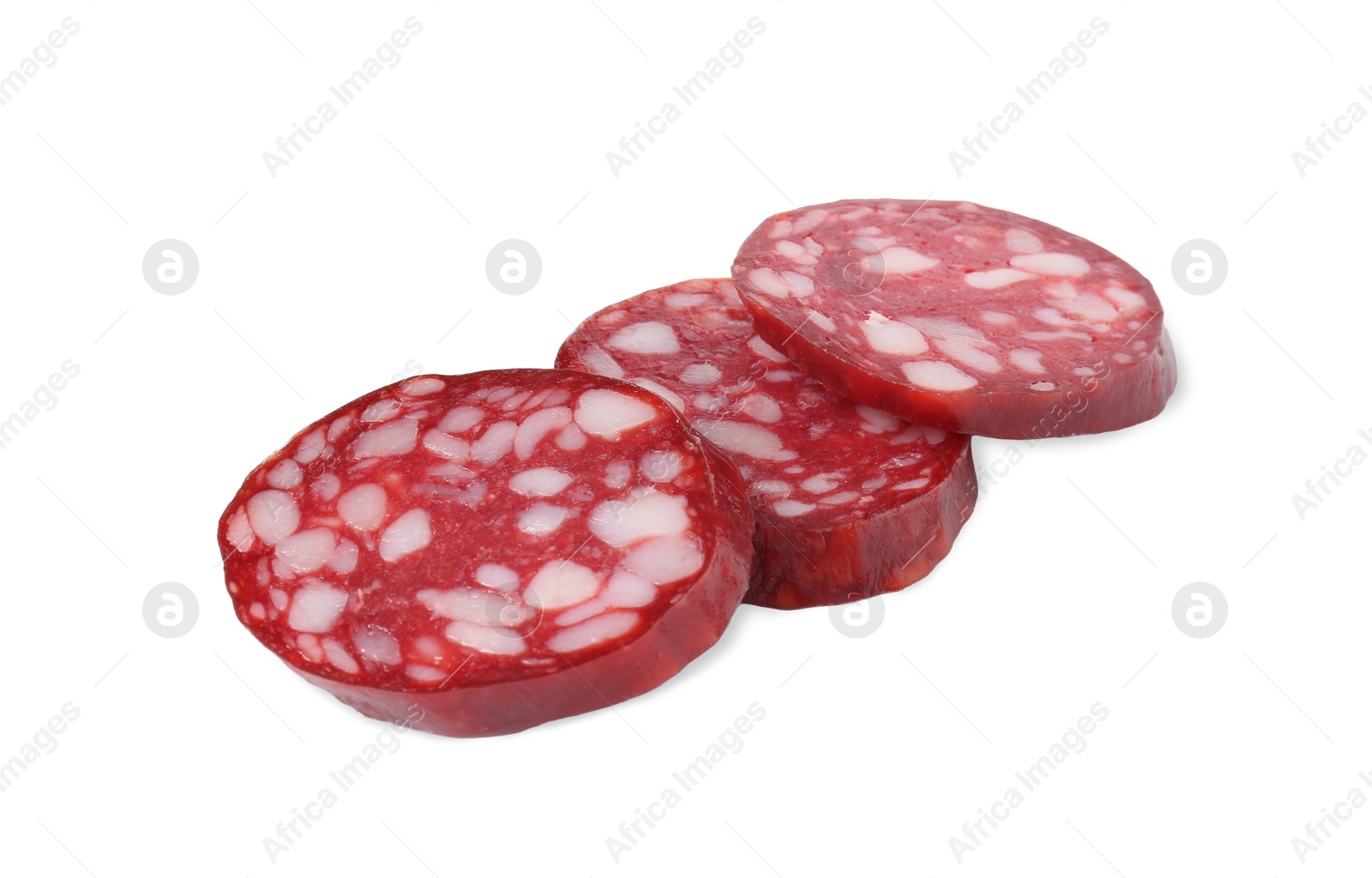 Photo of Pieces of delicious dry cured sausage isolated on white