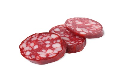 Pieces of delicious dry cured sausage isolated on white