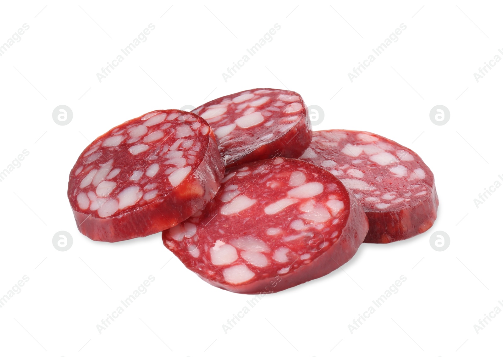 Photo of Pieces of delicious dry cured sausage isolated on white