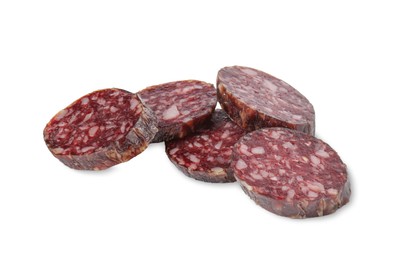 Pieces of delicious dry cured sausage isolated on white