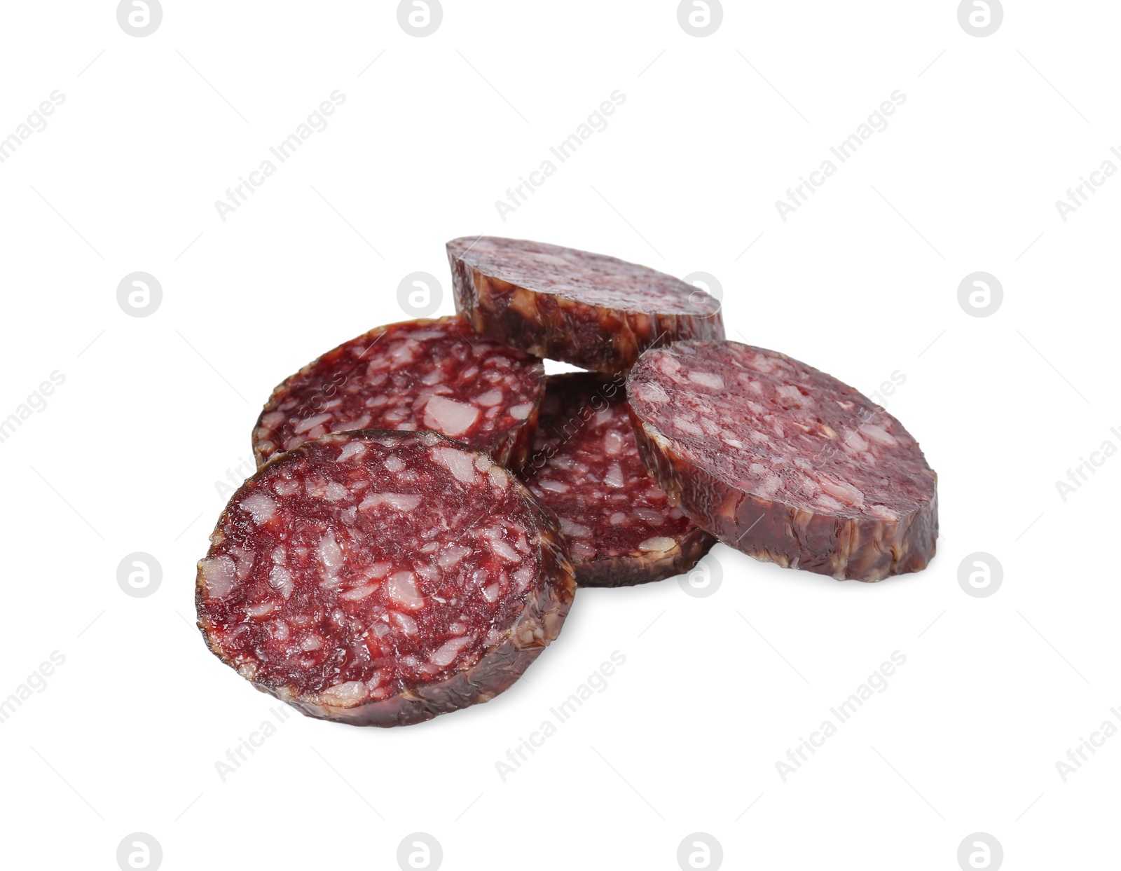 Photo of Pieces of delicious dry cured sausage isolated on white