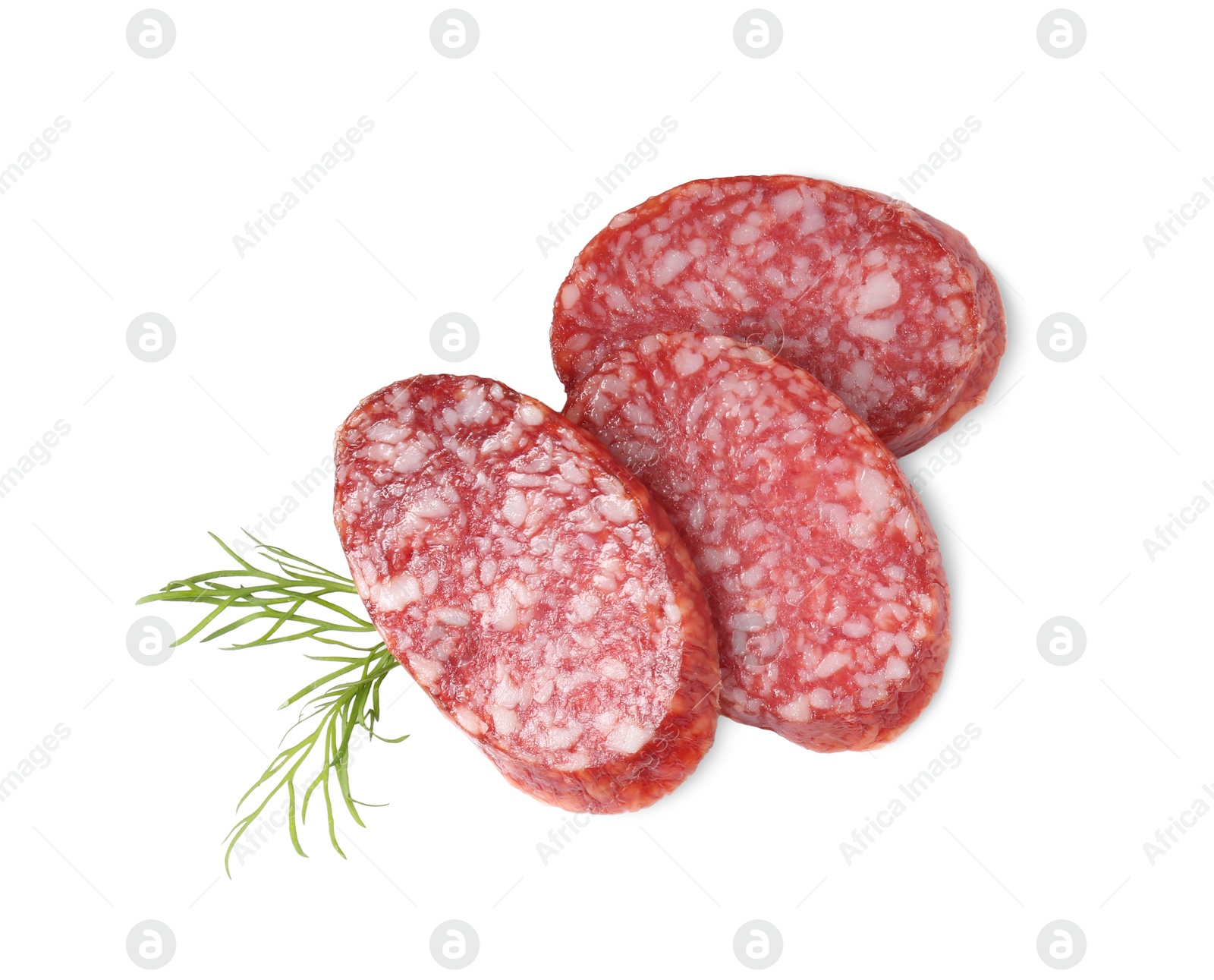 Photo of Pieces of delicious smoked sausage and dill isolated on white, top view