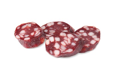 Pieces of delicious dry cured sausage isolated on white