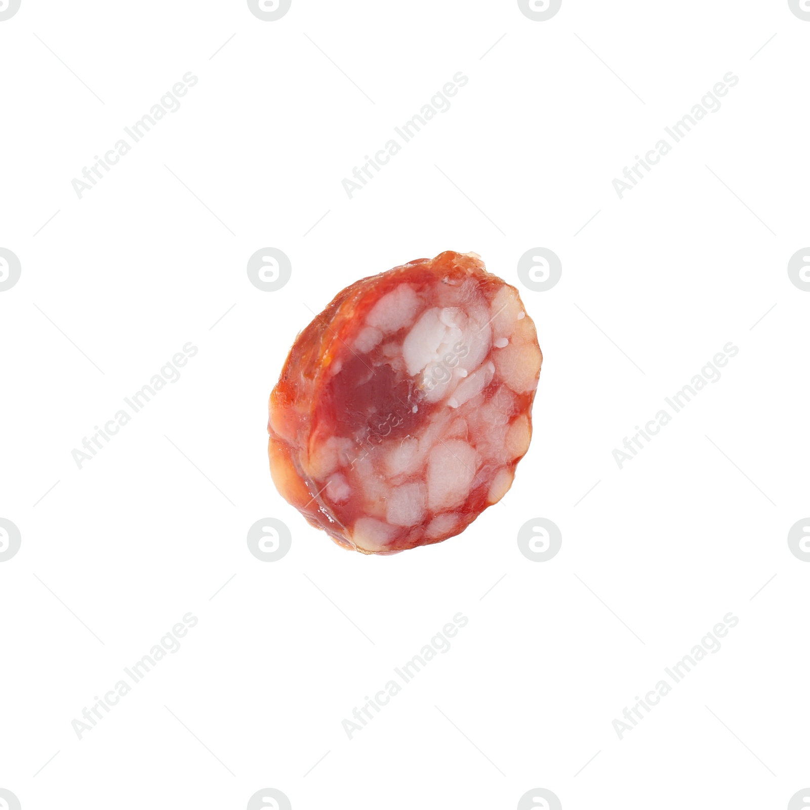 Photo of Piece of delicious dry cured sausage isolated on white