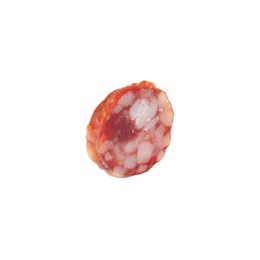 Photo of Piece of delicious dry cured sausage isolated on white