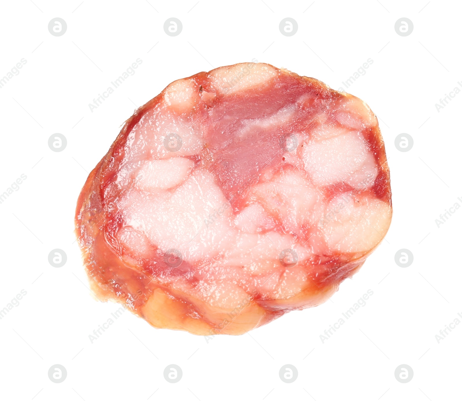 Photo of Piece of delicious dry cured sausage isolated on white