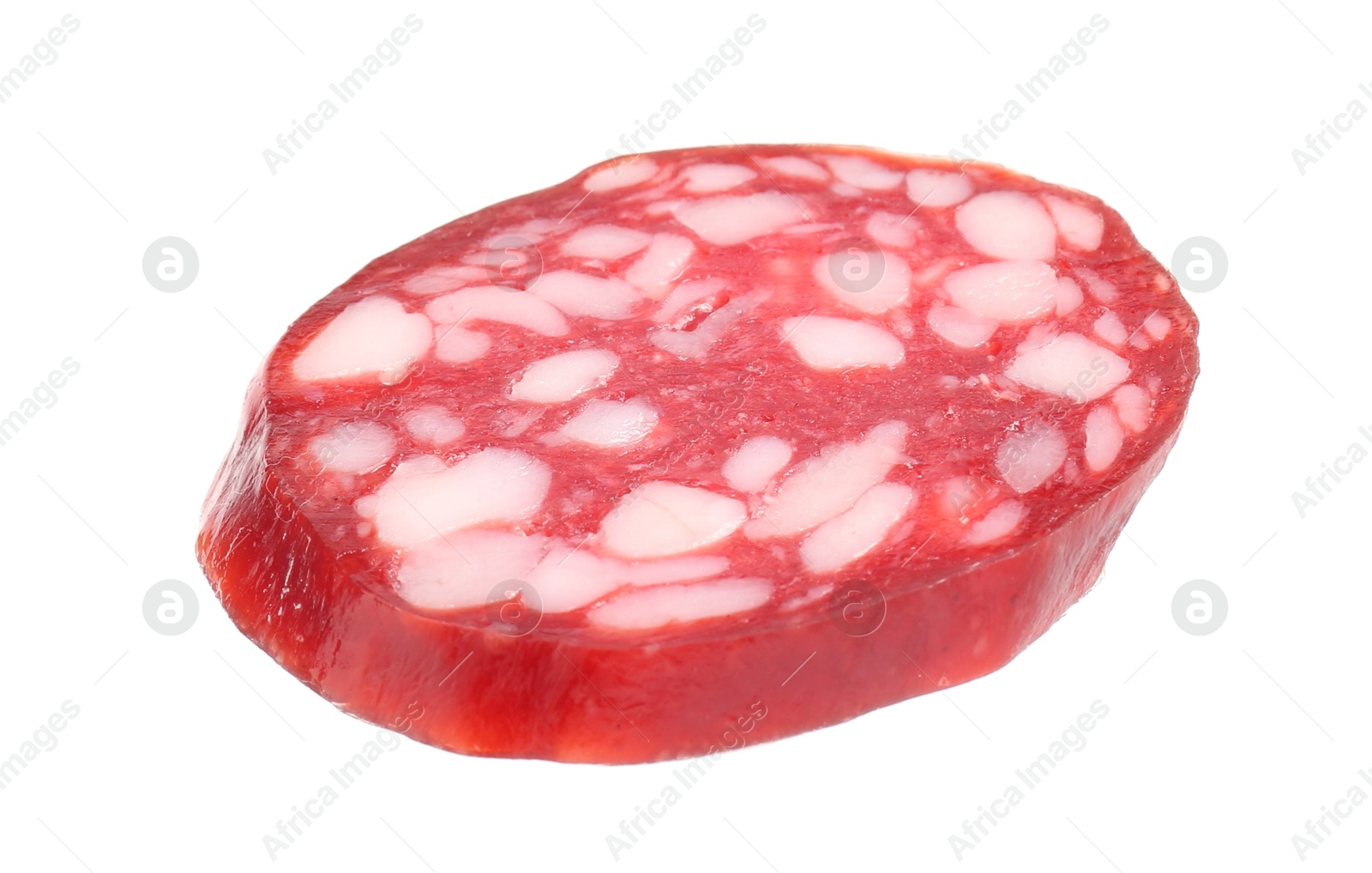 Photo of Piece of delicious dry cured sausage isolated on white