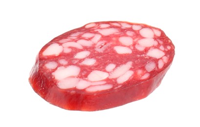 Piece of delicious dry cured sausage isolated on white