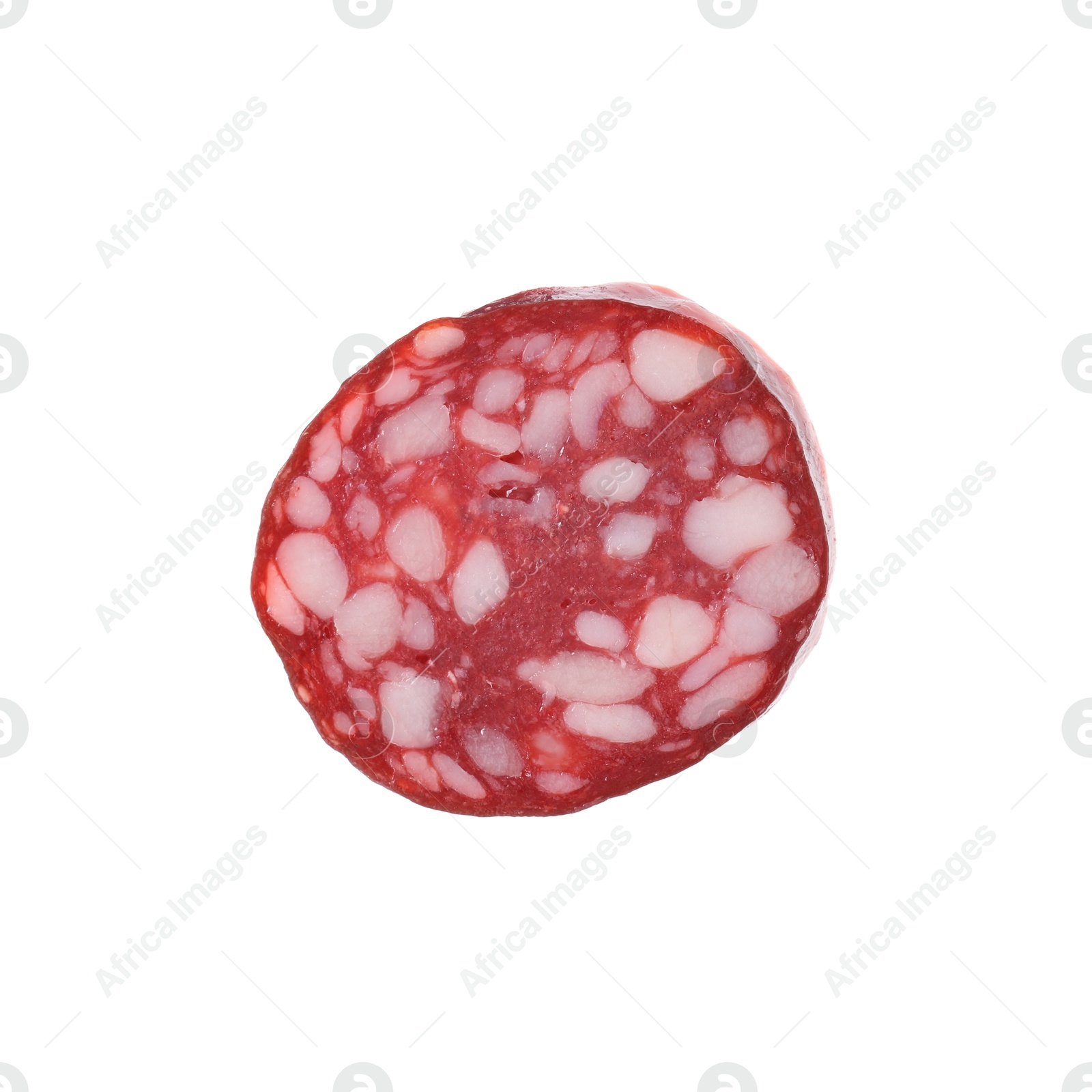 Photo of Piece of delicious dry cured sausage isolated on white